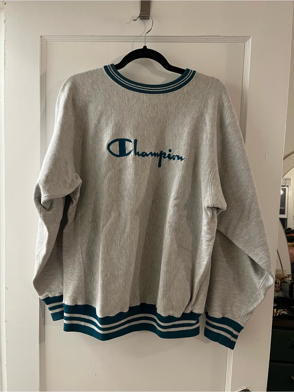 Champion Light Gray Crewneck Sweatshirt with Teal Trim